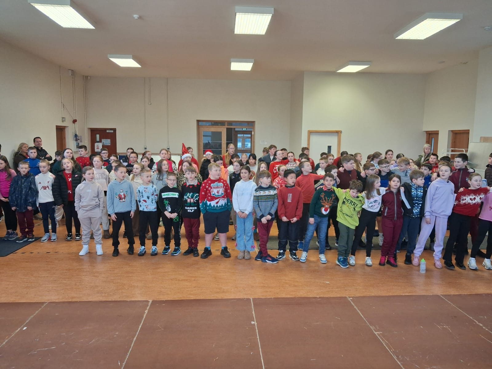 Portlaw National School pupils together in the school hall